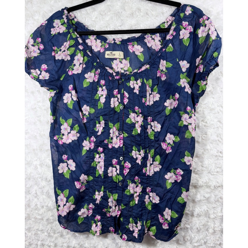 Hollister Women Size Large Navy Pink Floral Cotton Button Down Tie Back Blouse